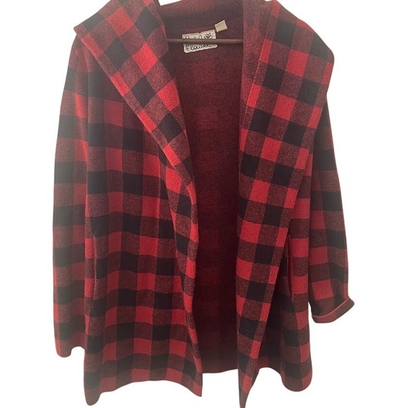 Field Flower Buffalo Plaid 100% Wool Hooded Lagenlook Cardigan Coat Holiday XS - Picture 1 of 8